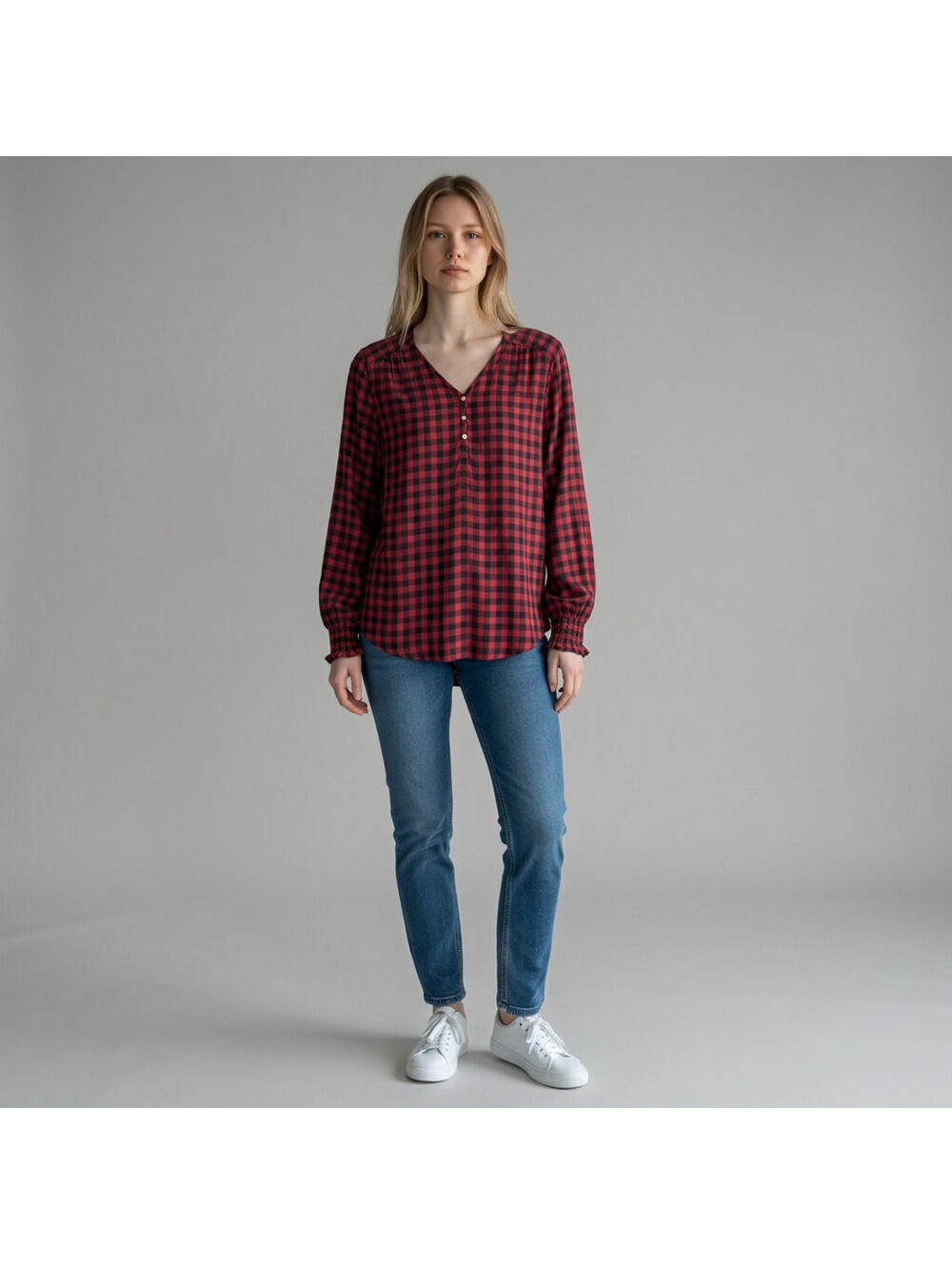 Maurices Blouse Women M Medium Red Plaid V-Neck Button Long Sleeve Casual
